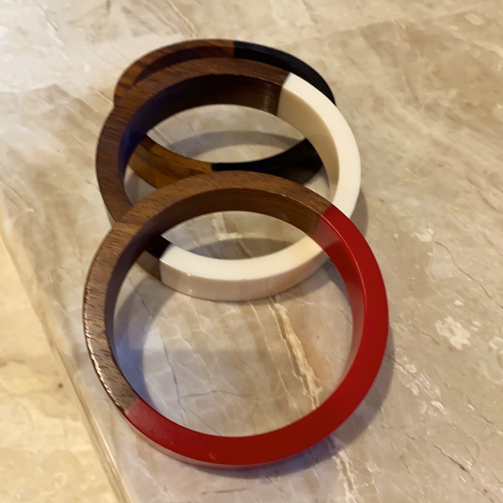 3 wood bangles with coloured half